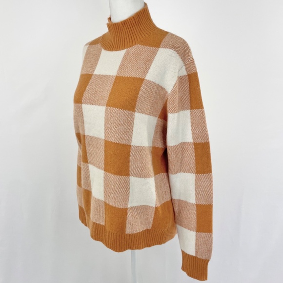 New Callahan Gingham Plaid Knit Mock Neck Sweater Orange Ivory Size Medium - Picture 6 of 13